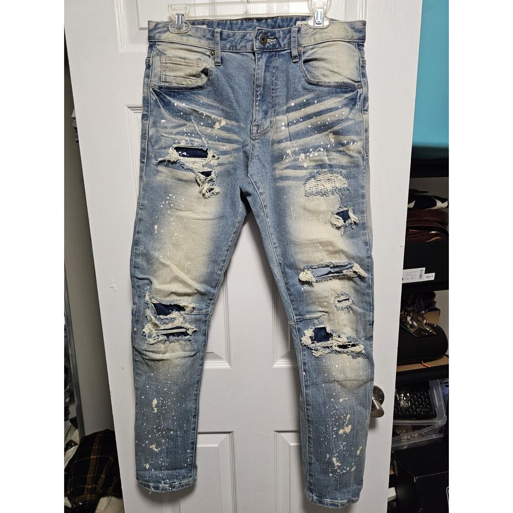 Smoke Rise Jeans Mens 32x32 Blue Acid Wash Slim Tapered Distressed Denim
